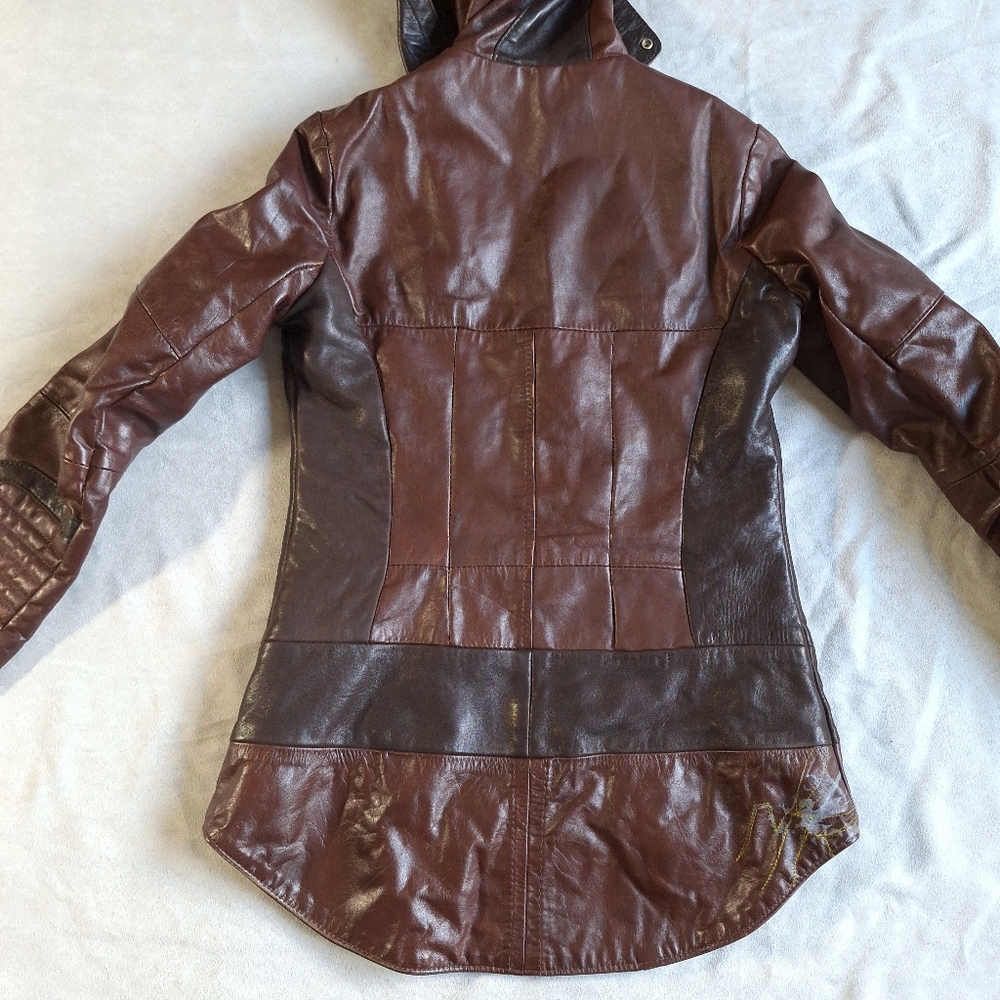 Women’s Brown Hooded Leather Jacket - Picture 8 of 12